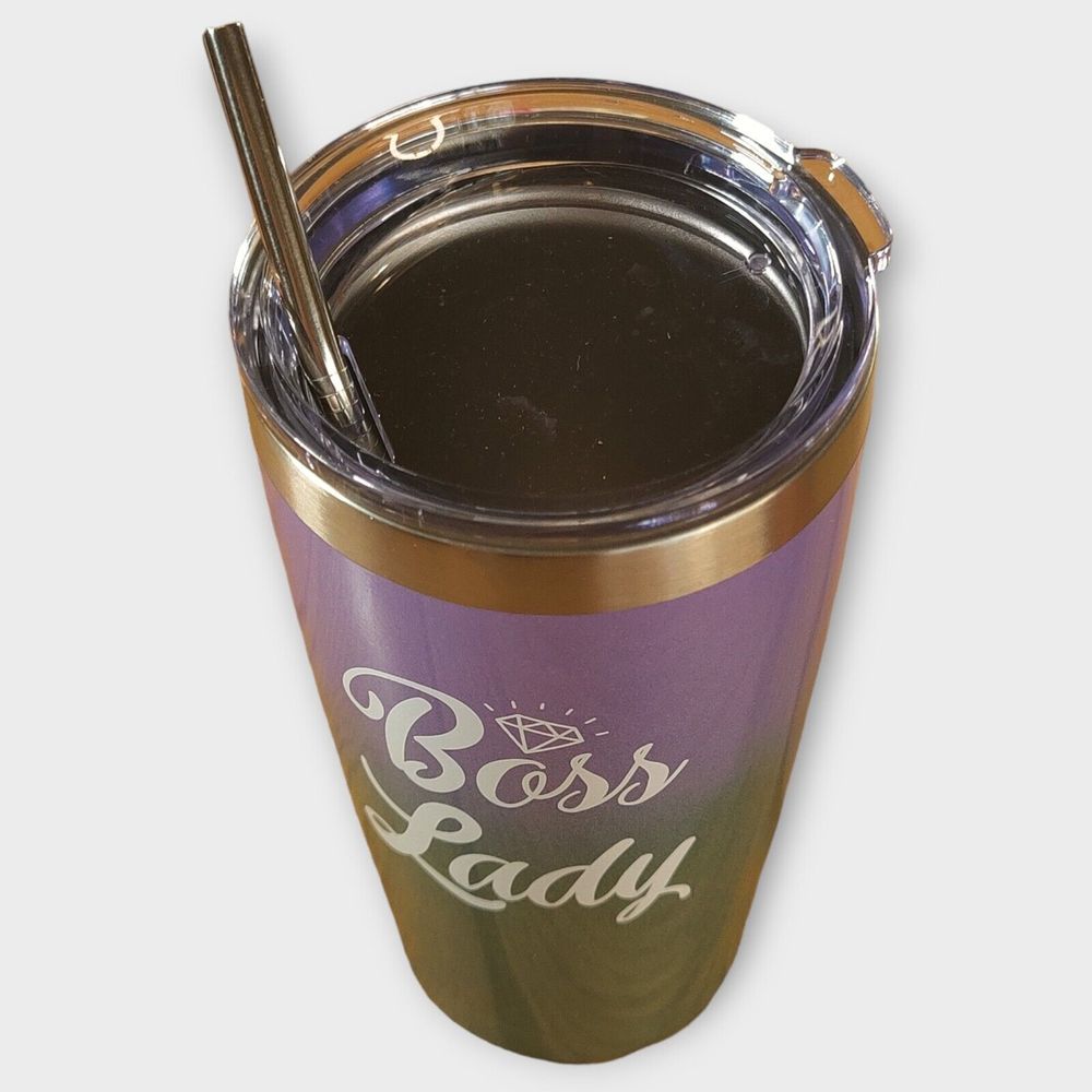 "Boss Lady" 16oz Tumbler with Metal Straw Green/Purple - Picture 5 of 6